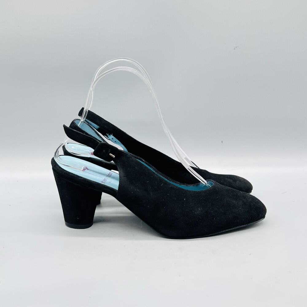 Thierry Rabotin Shoes Womens 7.5 Black Suede Slingback Buckle Block Heel Pumps
